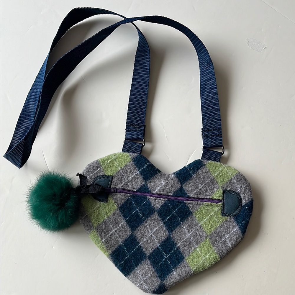 Plaid Heart-Shaped Kids Bag with Pom Pom